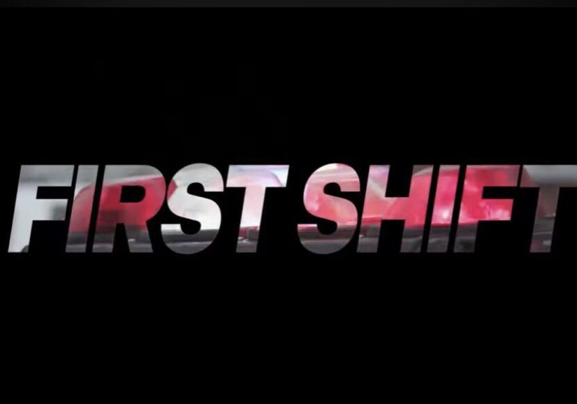 The logo of first shift with shades of red and gray and with a black background